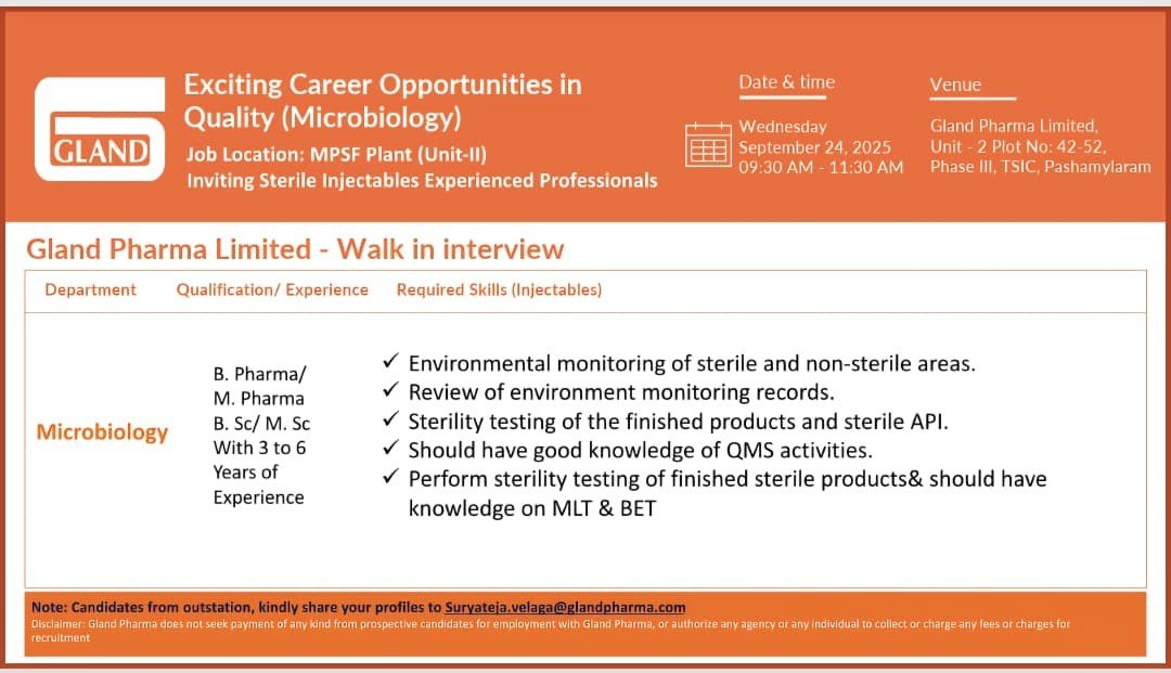 Microbiology Jobs at Gland Pharma Hyderabad
