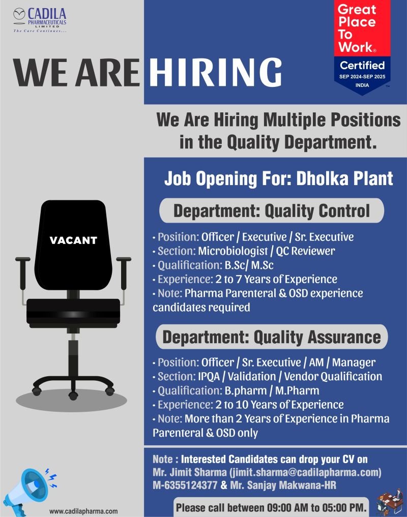 QA, QC jobs at cadila pharmaceuticals