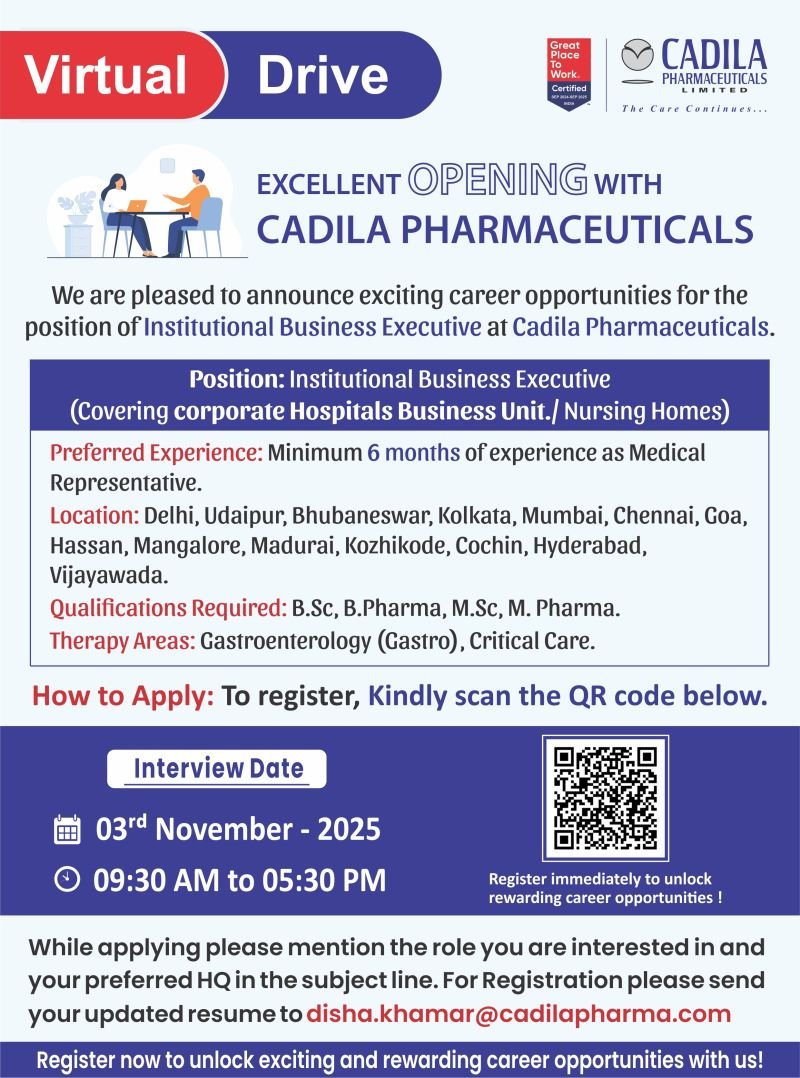 Cadila Pharma Jobs in November 2025