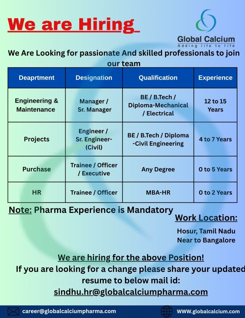 Global Calcium Pharma Jobs in hosur Tamilnadu