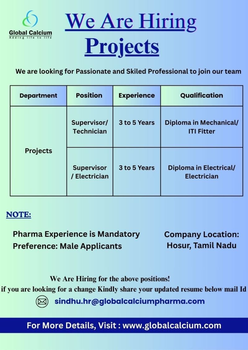 Technician/Supervisor job at global calcium