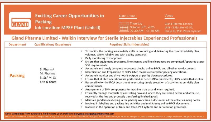 Gland Pharma Hiring for Packing Department