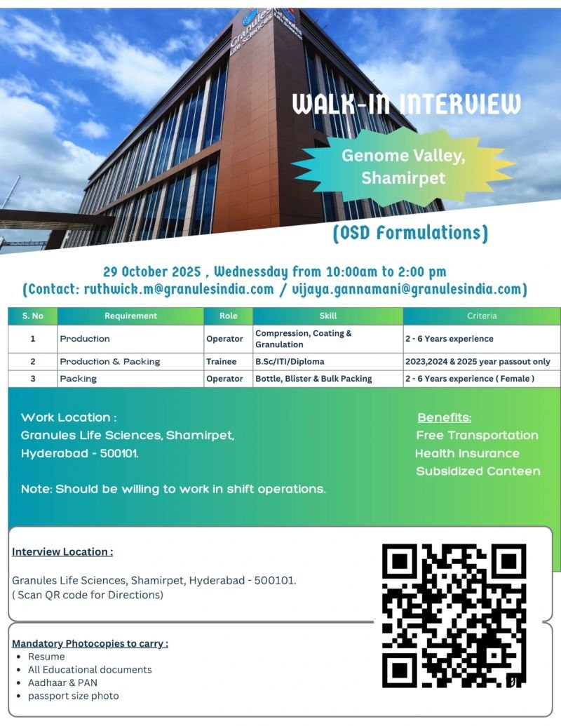 Packaging Operator Jobs at Granules Life Sciences in Hyderabad