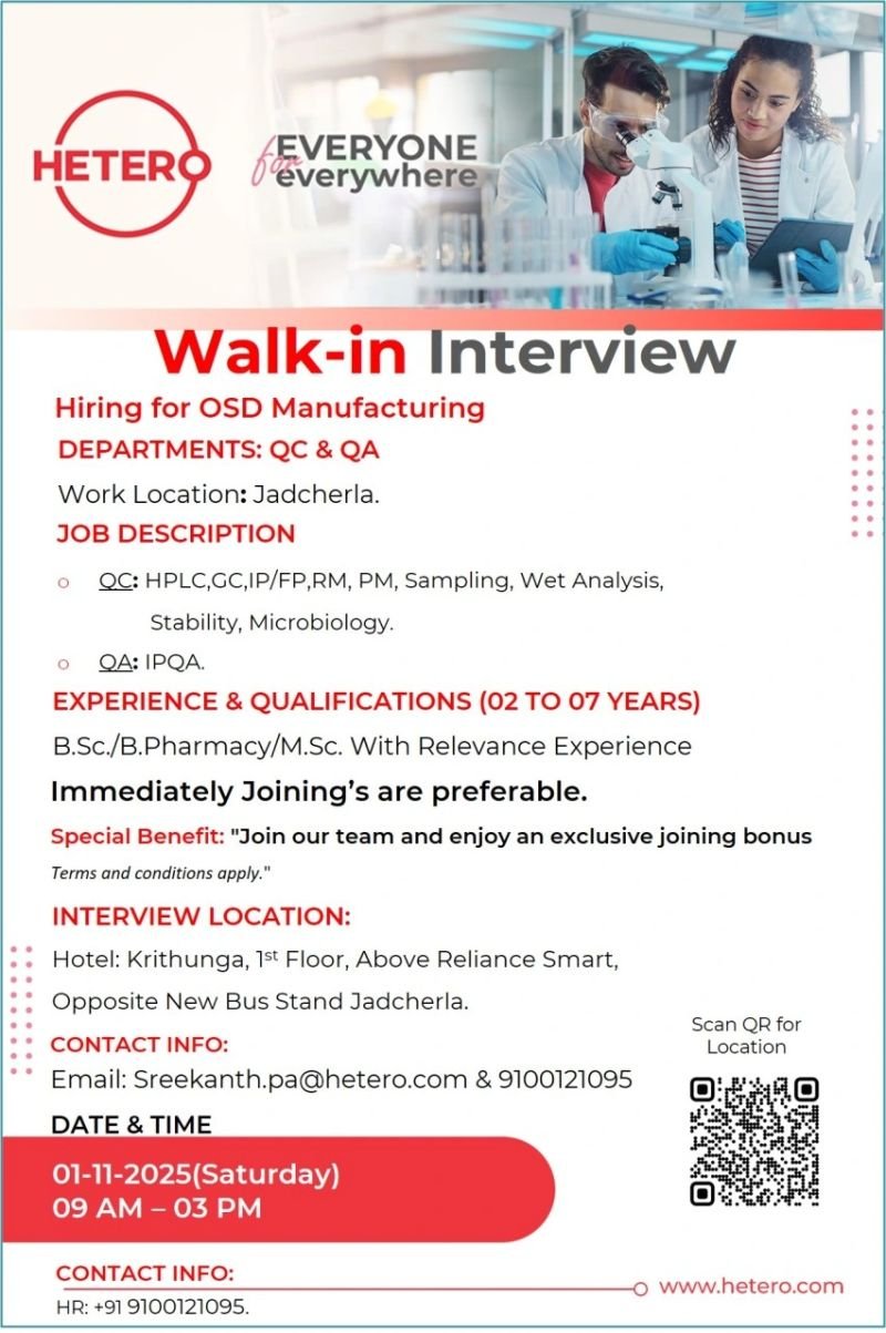 OSD Job Vacancy in Jadcherla Hetero Pharma