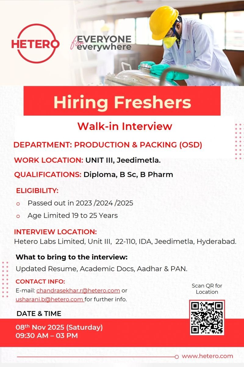 Hetero Pharma Hiring Freshers for Production & Packing (OSD) Jobs