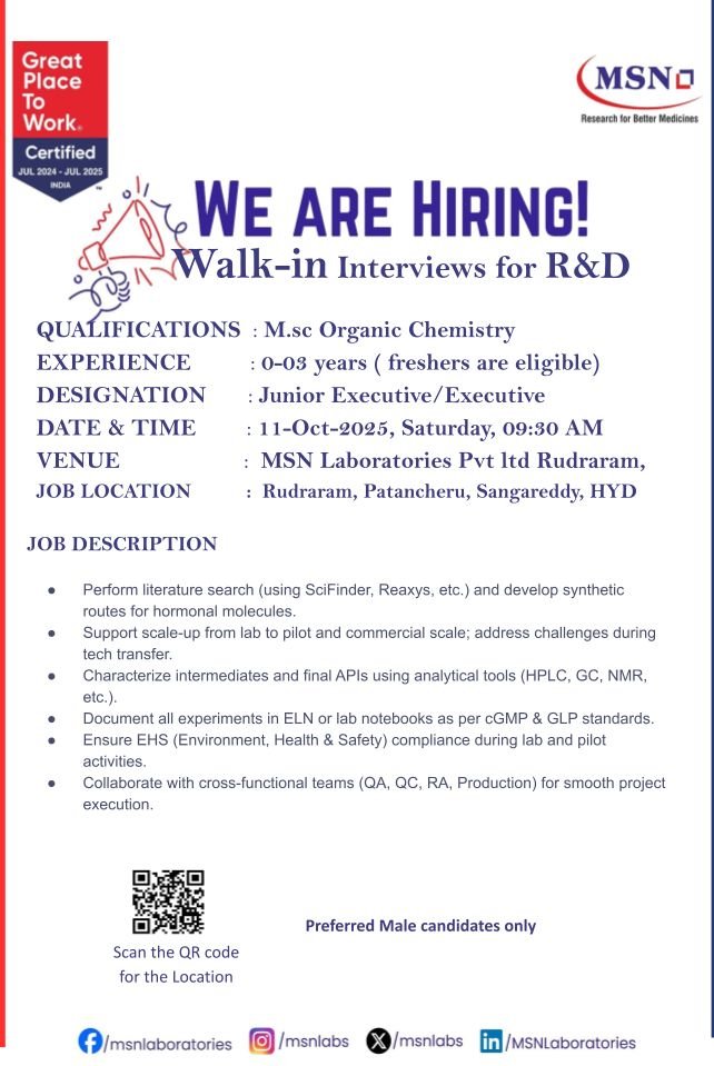 Jobs for msc organic Chemistry