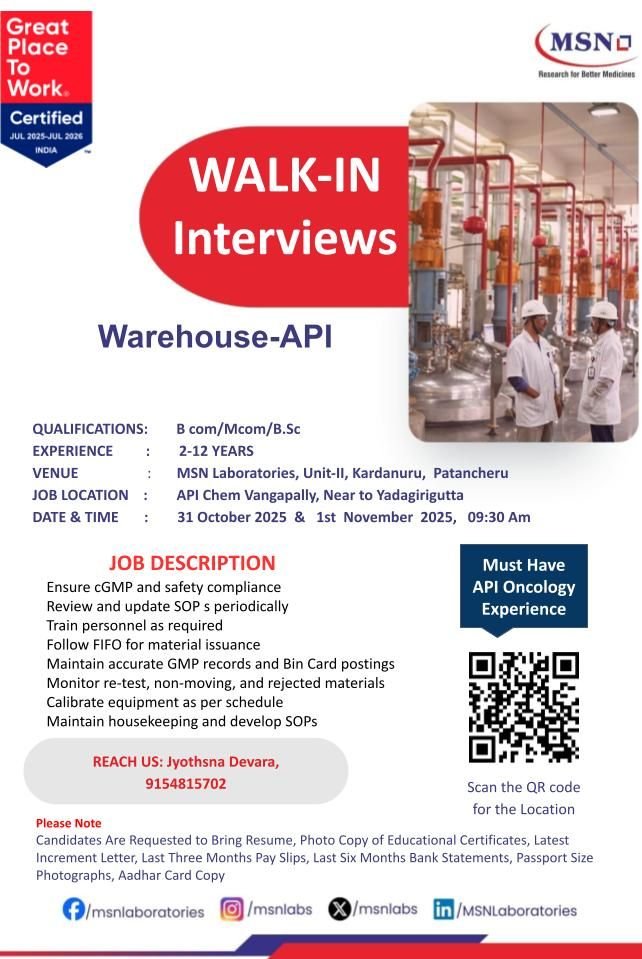 MSN Laboratories Hiring for Warehouse (API Department)
