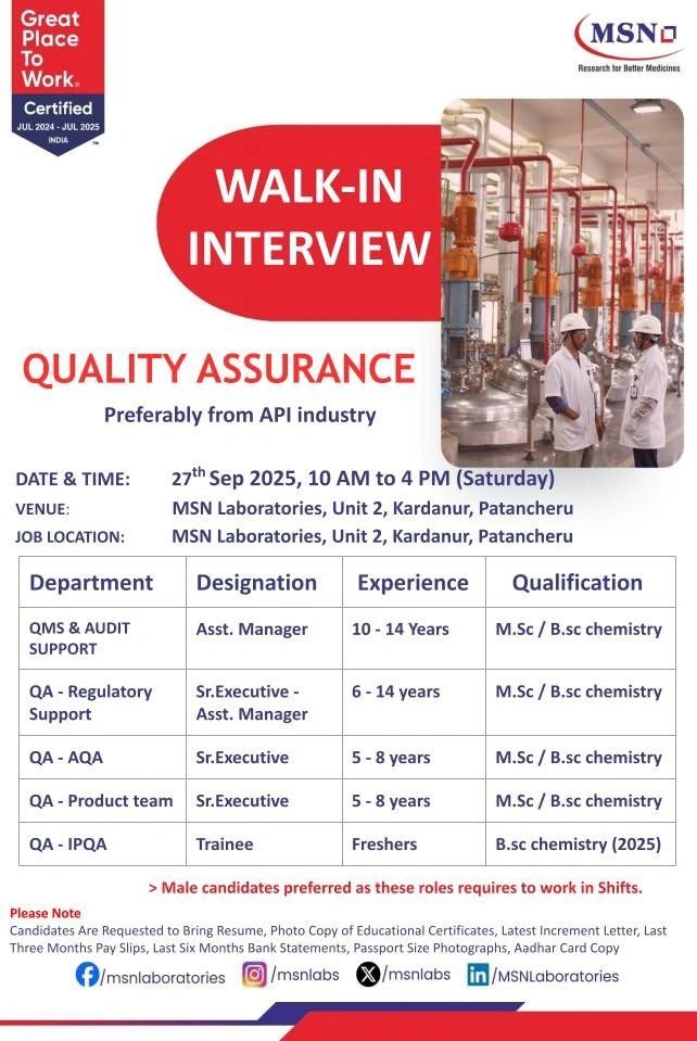 Bsc Msc Chemistry Jobs in MSN Laboratories 