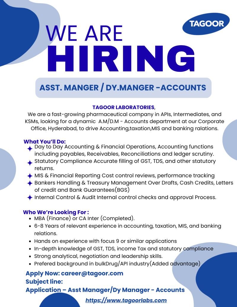 Tagoor Laboratories Hiring for Accounts Department