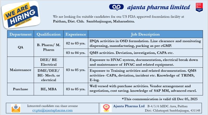 Ajanta Pharma Jobs 2025