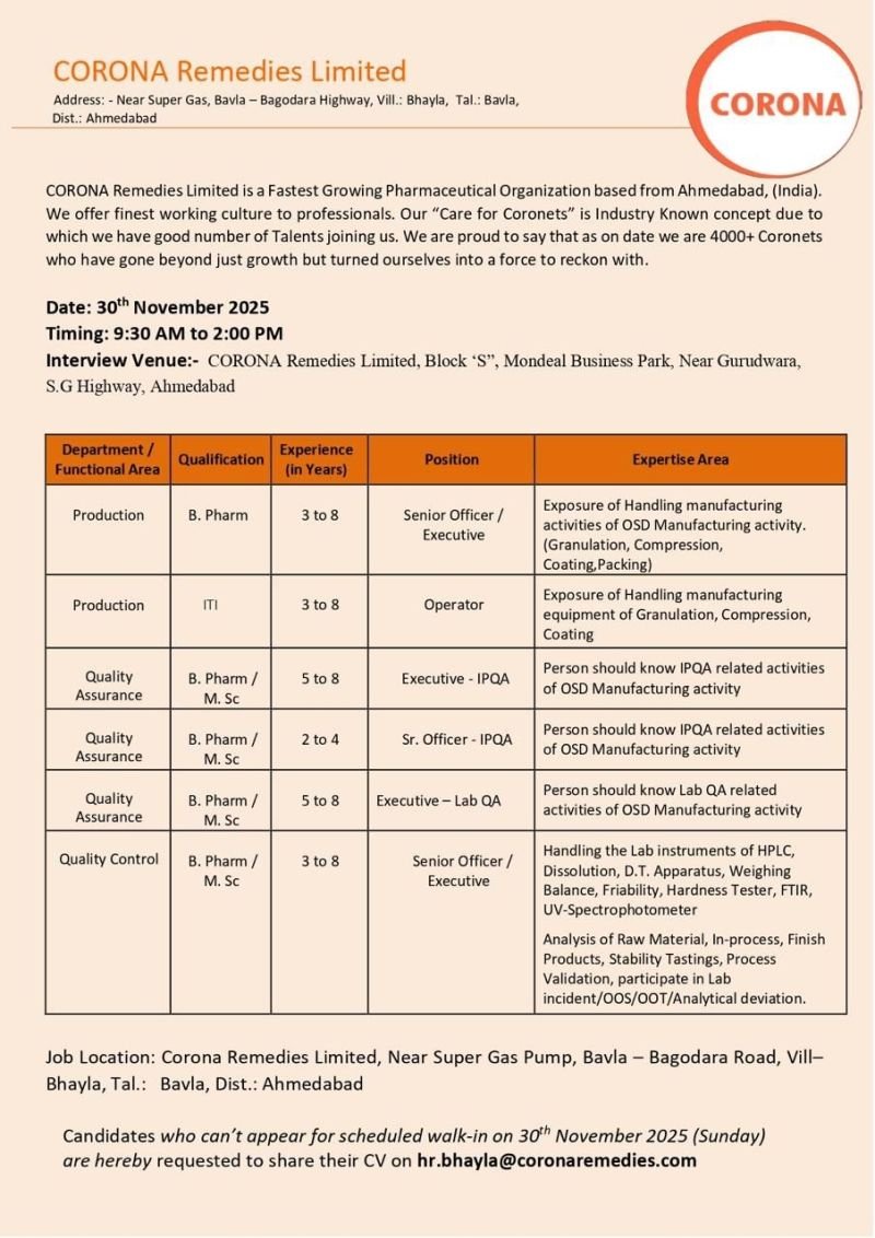 Corona Remedies Jobs 2025