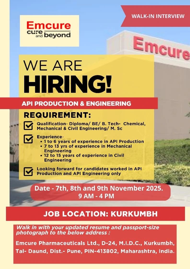 Emcure Pharma Jobs in Pune for API Production & Engineering