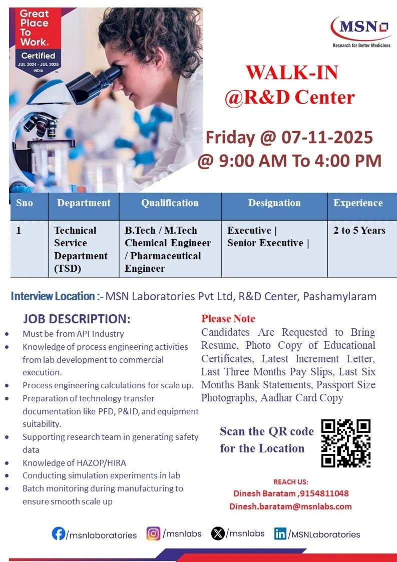 MSN Laboratories Jobs in Technical Service Department (TSD) in Hyderabad