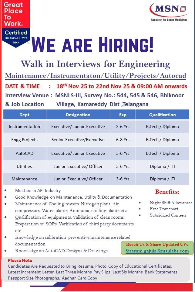 MSN Laboratories Jobs 2025
