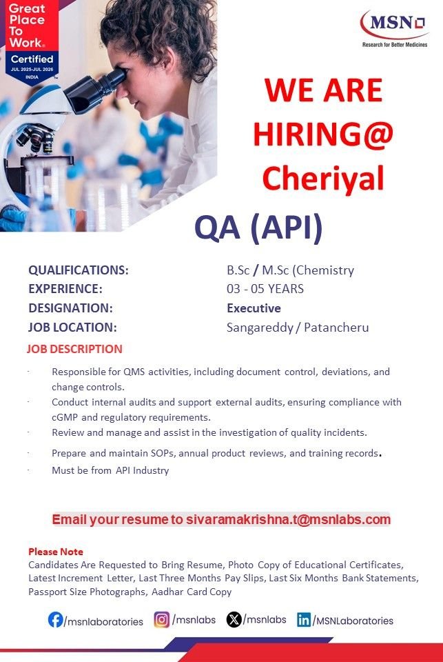 MSN Laboratories Jobs 2025