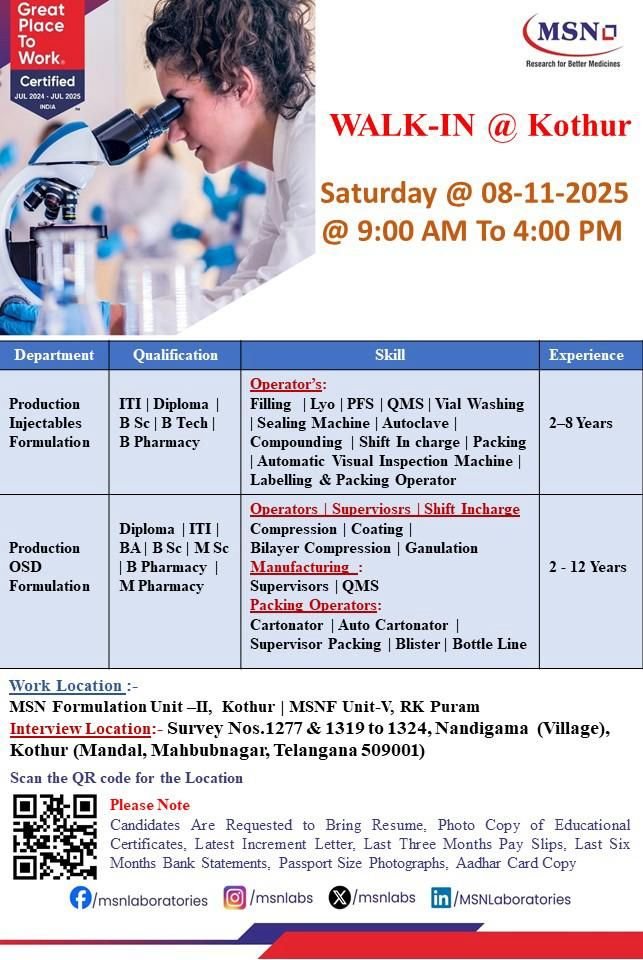 MSN Jobs walk-in 8th November 2025