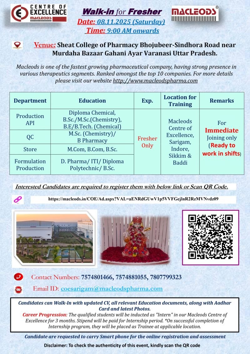 vacancy in pharma company for freshers at Macleods Pharma.
