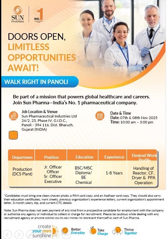 Sun Pharma Walkin Interviews 7th & 8th November 2025