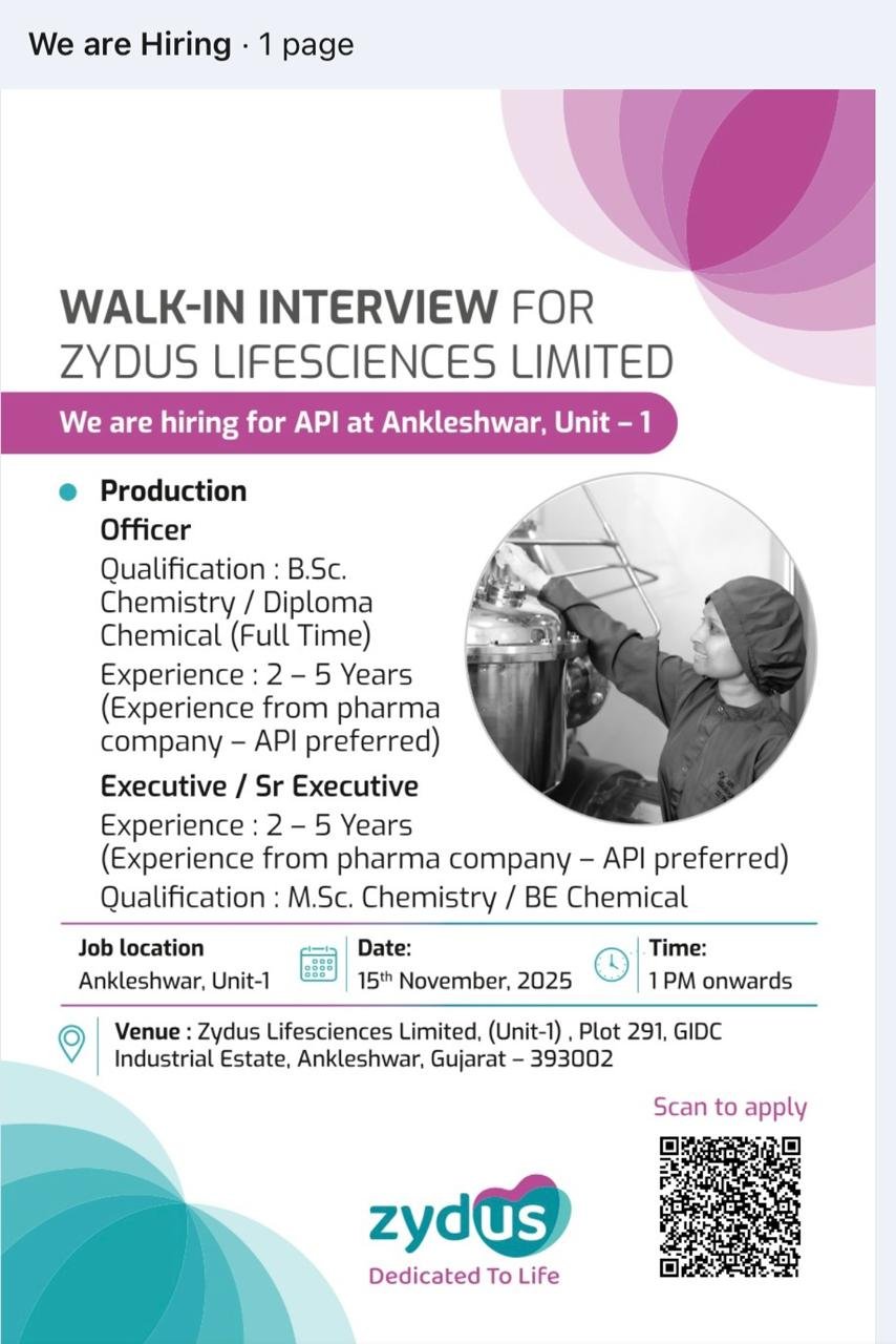 Zydus Lifesciences Walk-In Interview 15 November 2025
