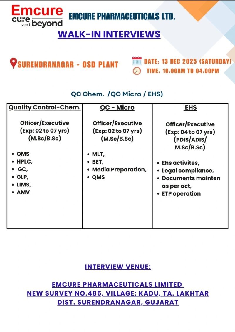 Emcure Pharmaceutical Jobs 2025