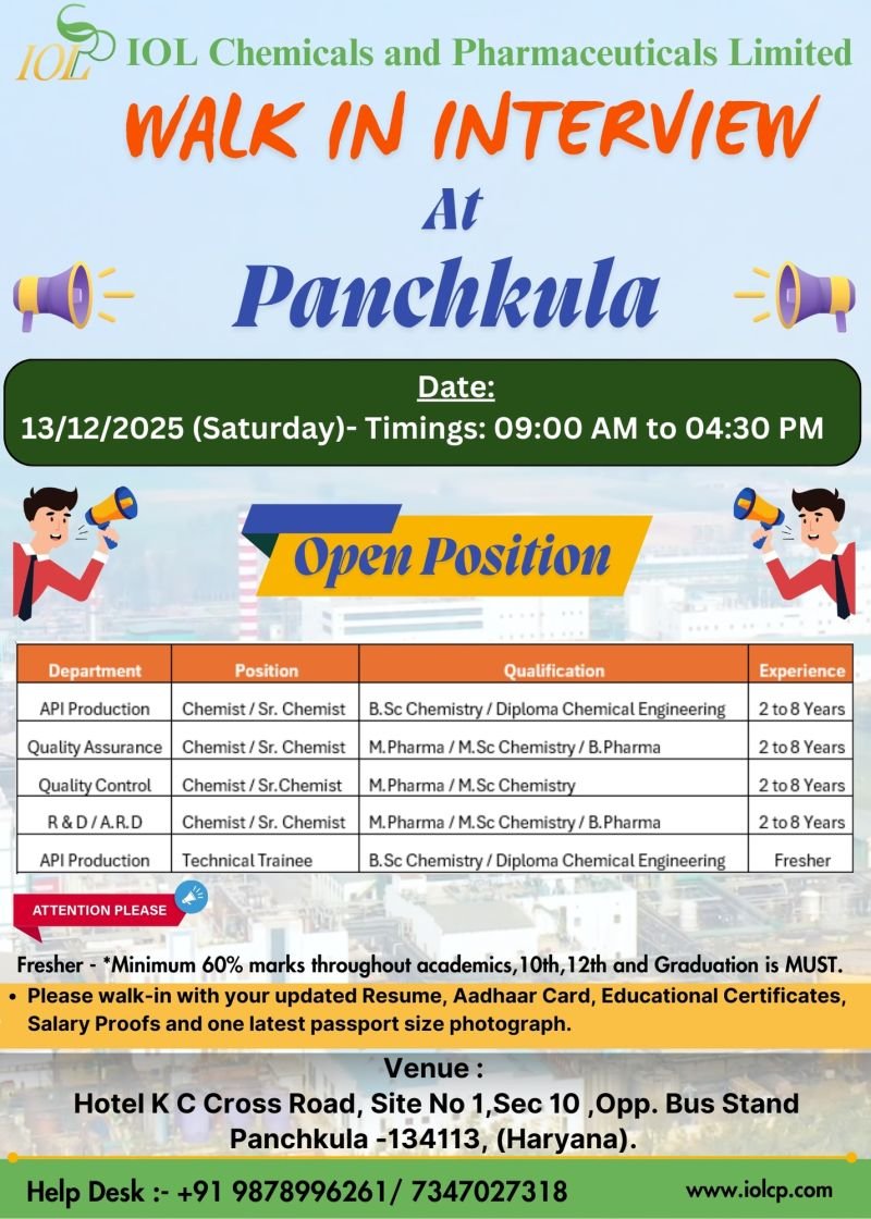 IOL Chemicals & Pharmaceuticals Ltd Jobs 2025