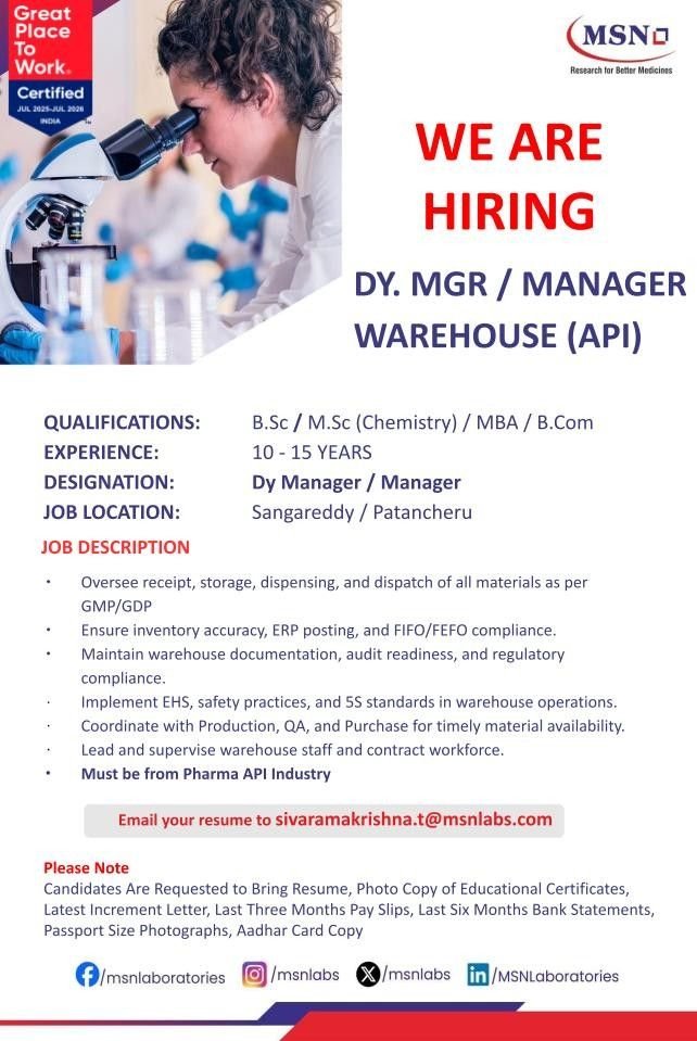 MSN Laboratories Jobs 2025